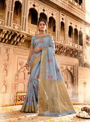 Grey woven chanderi silk saree with blouse 2