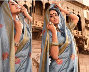 Grey woven chanderi silk saree with blouse 3