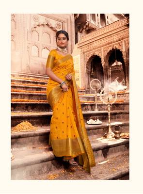 Yellow woven chanderi silk saree with blouse 2