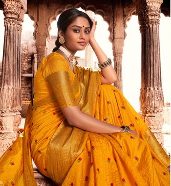 Yellow woven chanderi silk saree with blouse 3
