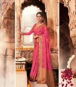 Baby pink woven chanderi silk saree with blouse