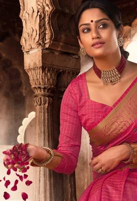 Baby pink woven chanderi silk saree with blouse 3