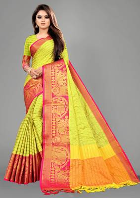Vatudi Fashion Hathi Dolly Banarsi Cotton Silk Saree Lemon color for women 1