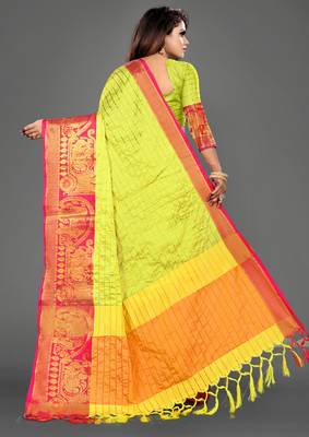Vatudi Fashion Hathi Dolly Banarsi Cotton Silk Saree Lemon color for women 2