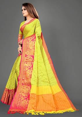 Vatudi Fashion Hathi Dolly Banarsi Cotton Silk Saree Lemon color for women 3