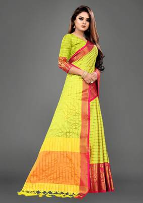 Vatudi Fashion Hathi Dolly Banarsi Cotton Silk Saree Lemon color for women 4