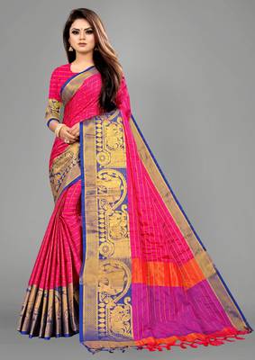 Vatudi Fashion Hathi Dolly Banarsi Cotton Silk Saree Pink color for women 1