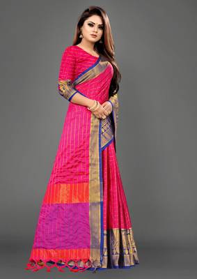 Vatudi Fashion Hathi Dolly Banarsi Cotton Silk Saree Pink color for women 2