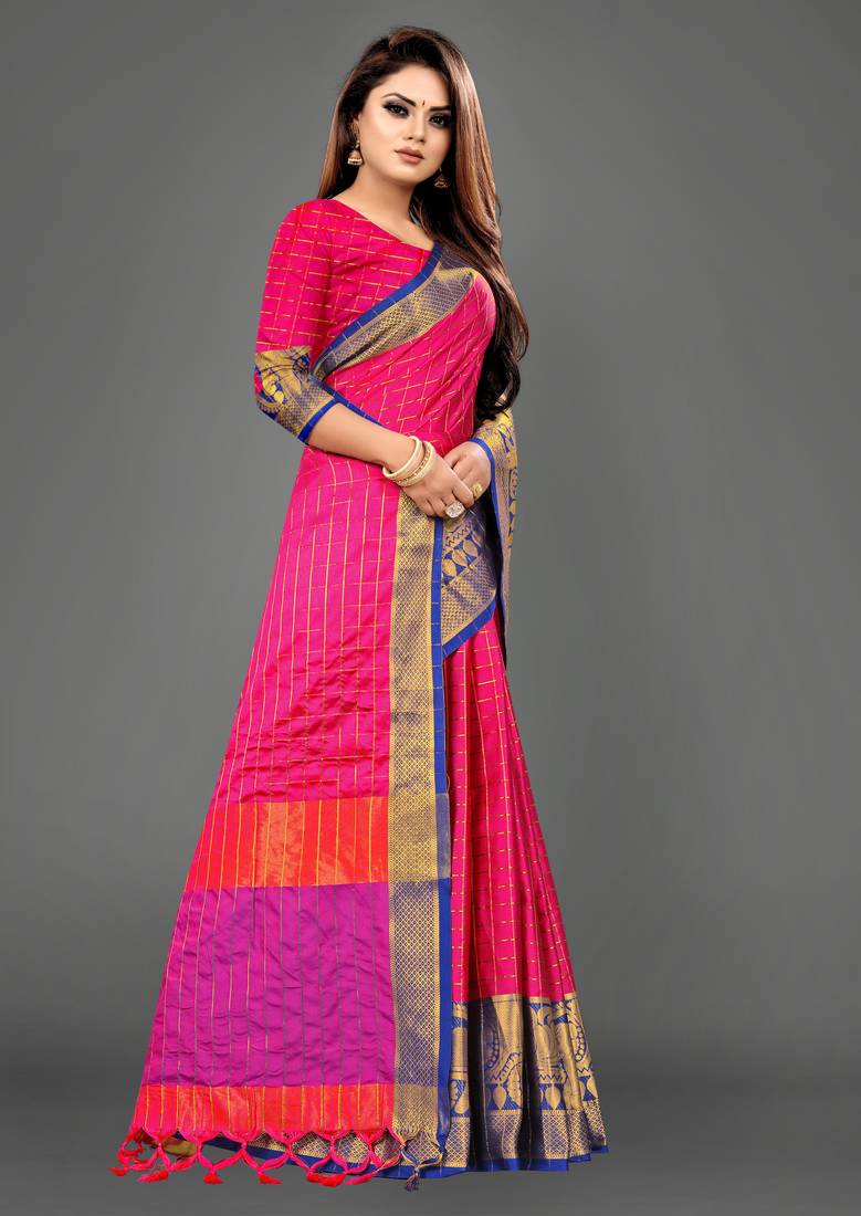 Vatudi Fashion Hathi Dolly Banarsi Cotton Silk Saree Pink color for women