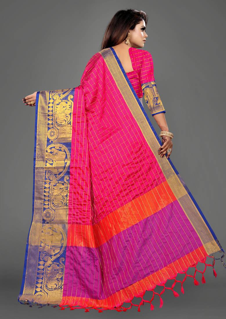 Vatudi Fashion Hathi Dolly Banarsi Cotton Silk Saree Pink color for women