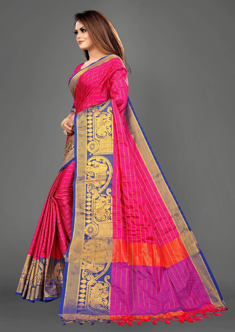 Vatudi Fashion Hathi Dolly Banarsi Cotton Silk Saree Pink color for women