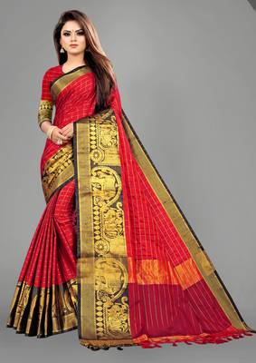 Vatudi Fashion Hathi Dolly Banarsi Cotton Silk Saree Red color for women 1