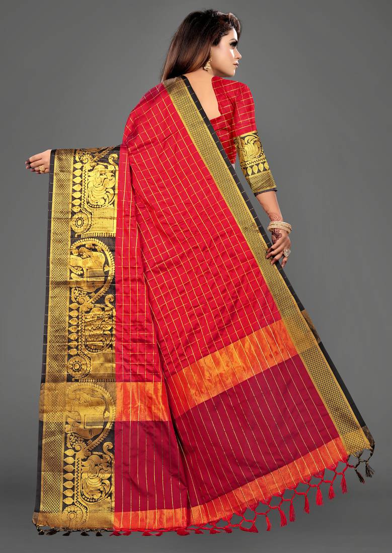 Vatudi Fashion Hathi Dolly Banarsi Cotton Silk Saree Red color for women