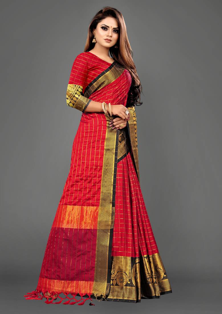 Vatudi Fashion Hathi Dolly Banarsi Cotton Silk Saree Red color for women