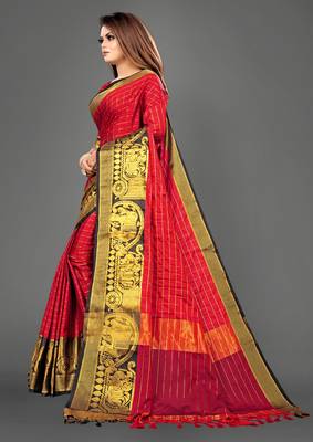 Vatudi Fashion Hathi Dolly Banarsi Cotton Silk Saree Red color for women 4