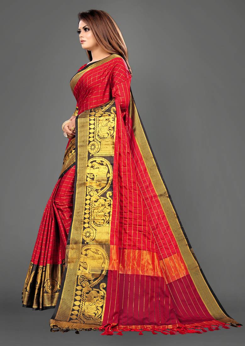 Vatudi Fashion Hathi Dolly Banarsi Cotton Silk Saree Red color for women