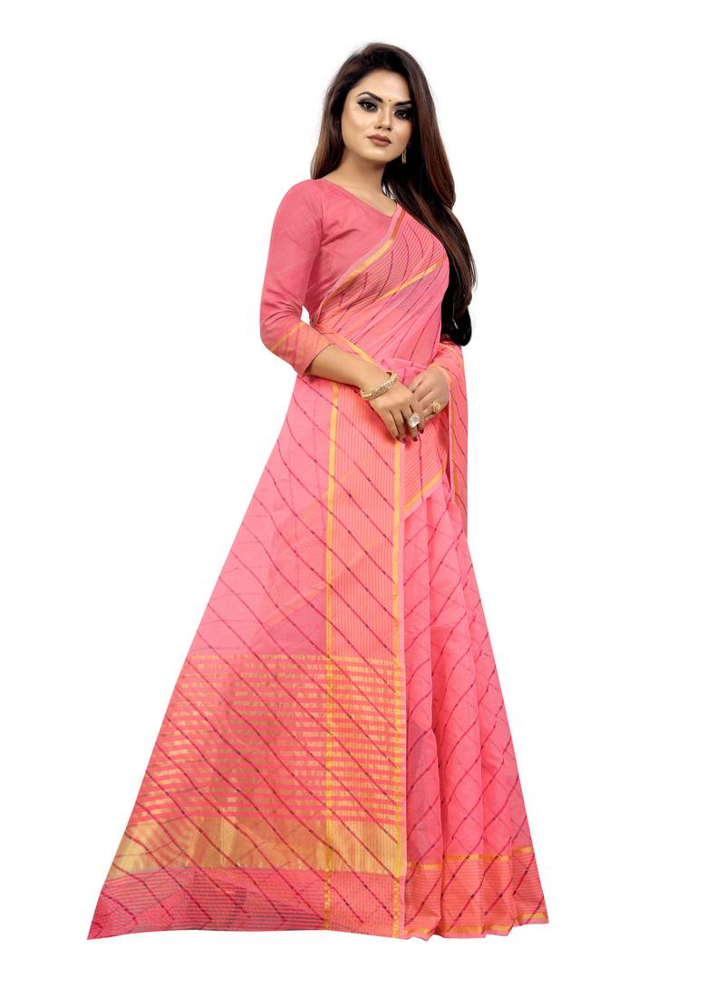 Vatudi Fashion Lehariya Supernet Banarsi Silk Saree Gajarin color for women