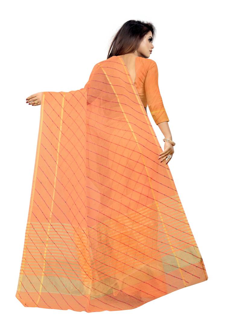 Vatudi Fashion Lehariya Supernet Banarsi Silk Saree Orange color for women