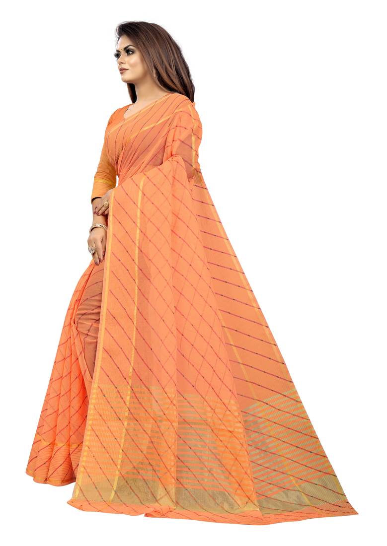 Vatudi Fashion Lehariya Supernet Banarsi Silk Saree Orange color for women