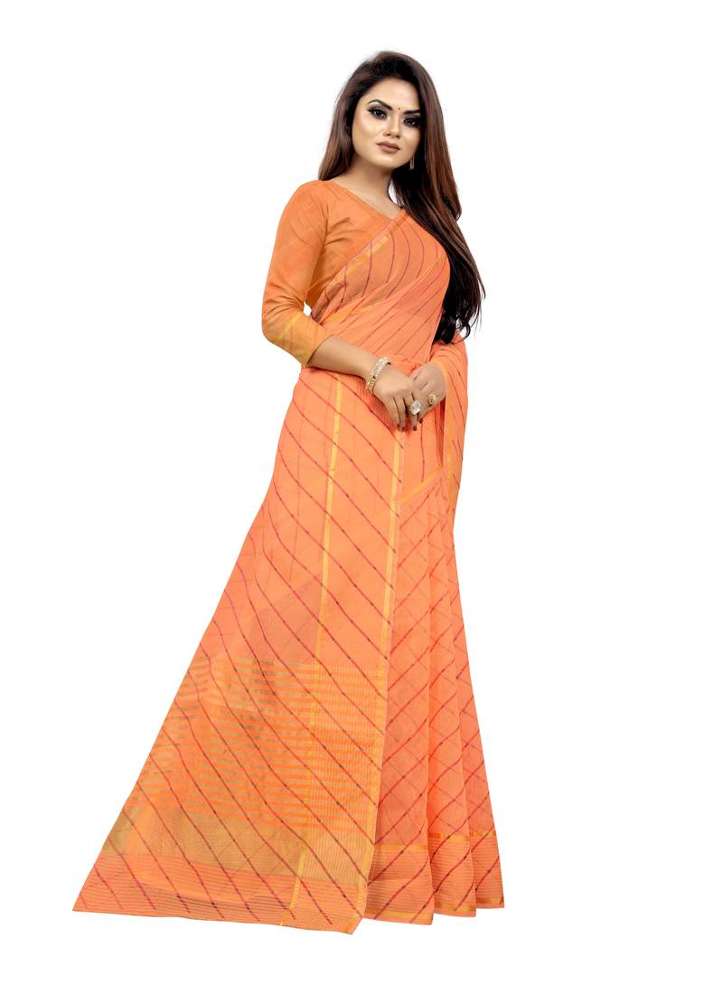 Vatudi Fashion Lehariya Supernet Banarsi Silk Saree Orange color for women