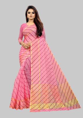 Vatudi Fashion Lehariya Supernet Banarsi Silk Saree Pink color for women 1