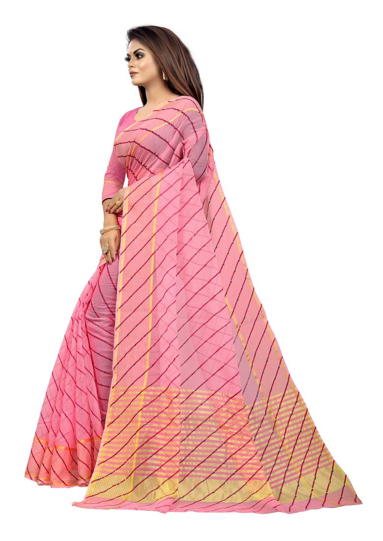 Vatudi Fashion Lehariya Supernet Banarsi Silk Saree Pink color for women