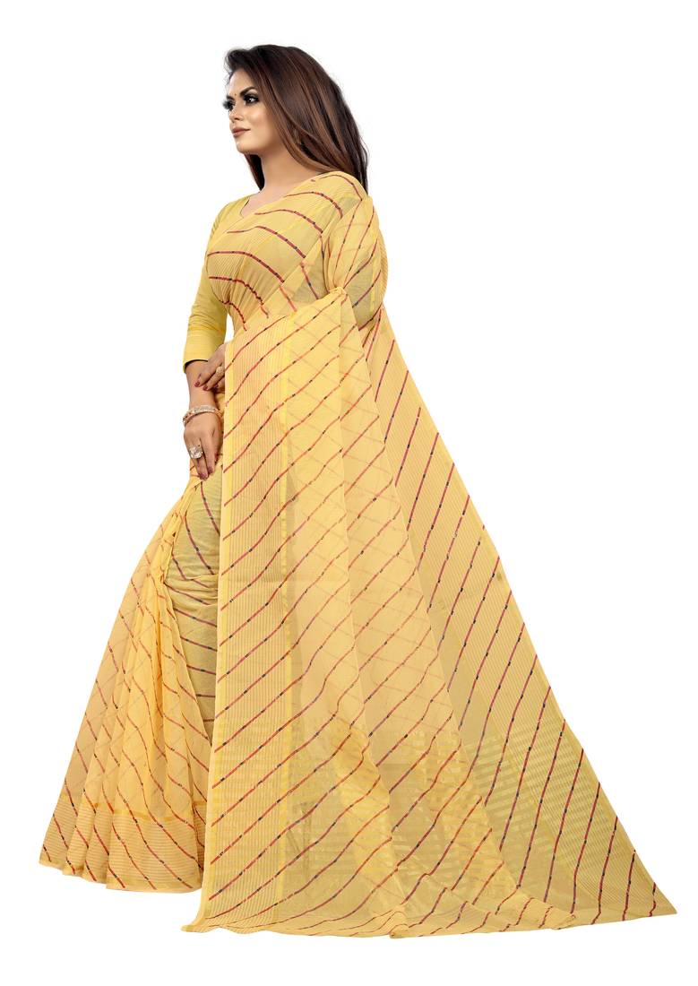 Vatudi Fashion Lehariya Supernet Banarsi Silk Saree Yellow color for women