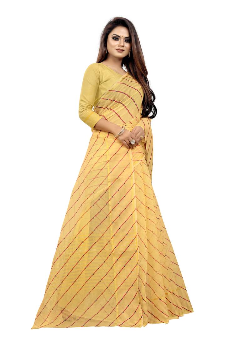 Vatudi Fashion Lehariya Supernet Banarsi Silk Saree Yellow color for women