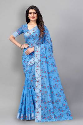 Vatudi Fashion Linen Gulab Banarsi Cotton Silk Saree Blue color for women 1