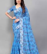 Vatudi Fashion Linen Gulab Banarsi Cotton Silk Saree Blue color for women
