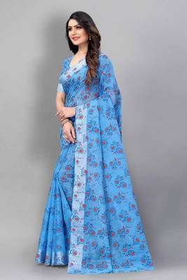 Vatudi Fashion Linen Gulab Banarsi Cotton Silk Saree Blue color for women 2