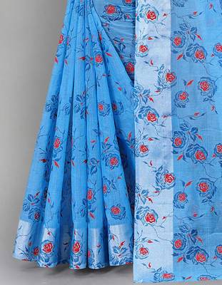 Vatudi Fashion Linen Gulab Banarsi Cotton Silk Saree Blue color for women 4