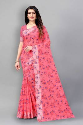 Vatudi Fashion Linen Gulab Banarsi Cotton Silk Saree Gajari color for women 1