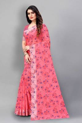 Vatudi Fashion Linen Gulab Banarsi Cotton Silk Saree Gajari color for women 5