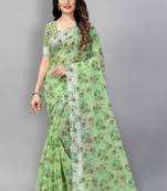 Vatudi Fashion Linen Gulab Banarsi Cotton Silk Saree Green color for women