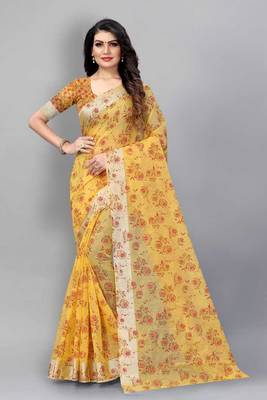 Vatudi Fashion Linen Gulab Banarsi Cotton Silk Saree Yellow color for women 1