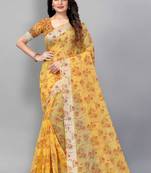 Vatudi Fashion Linen Gulab Banarsi Cotton Silk Saree Yellow color for women