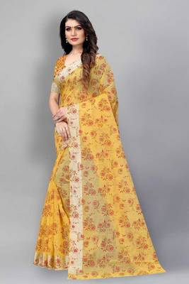 Vatudi Fashion Linen Gulab Banarsi Cotton Silk Saree Yellow color for women 2
