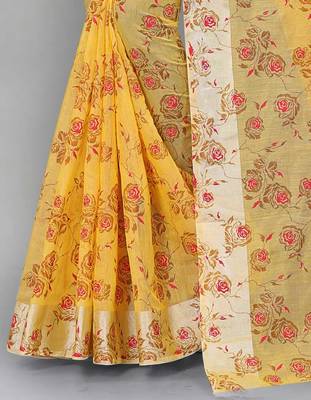 Vatudi Fashion Linen Gulab Banarsi Cotton Silk Saree Yellow color for women 4