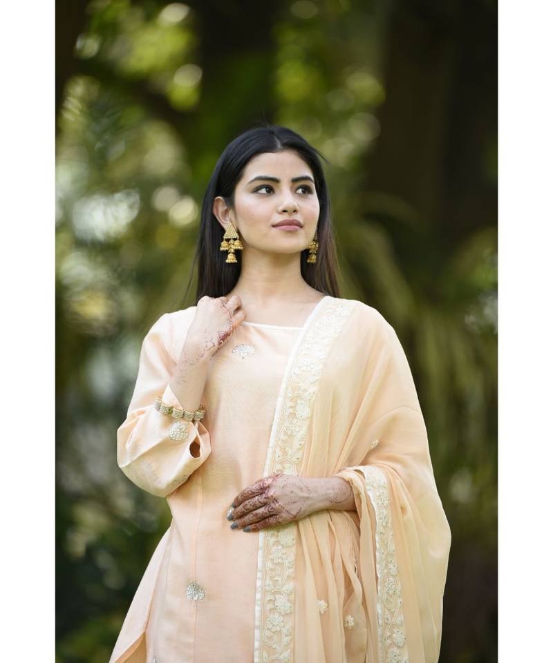 Peach Short kurta with flared sharara & dupatta