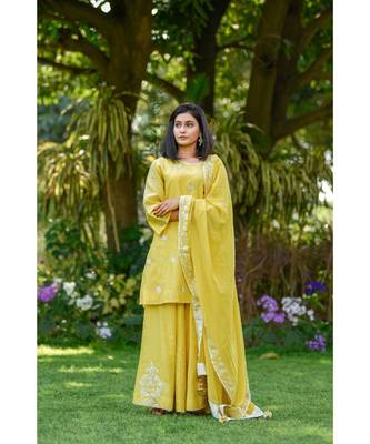 Yellow short kurta with Sharara and georgette dupatta 1