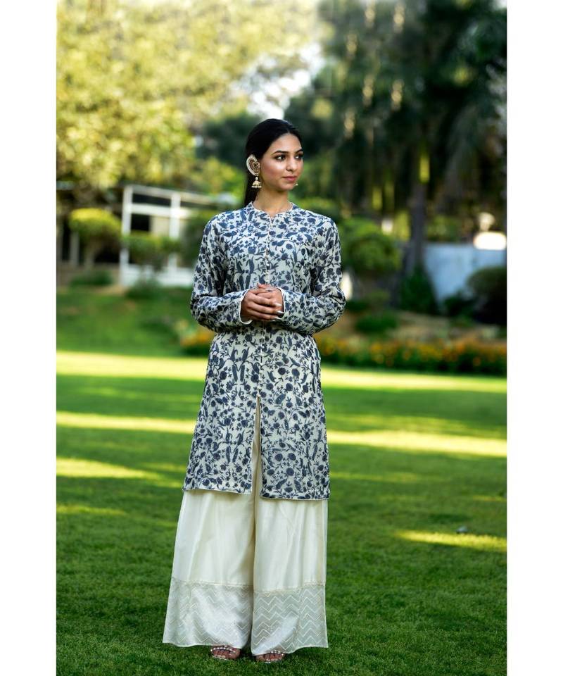 Ivory Achkan with Blue Overall Embroidery