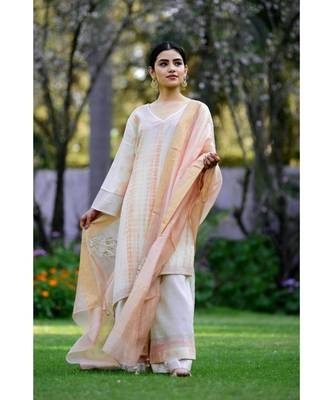 Ivory & Peach Shibori Kurta & Pallazo with Dupatta 1