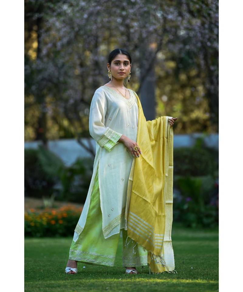 Ivory Kurta with Soft Green Shibori Pallazo