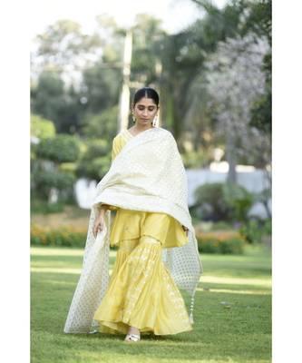 Yellow Chanderi Short Kurta with Garara Set 1