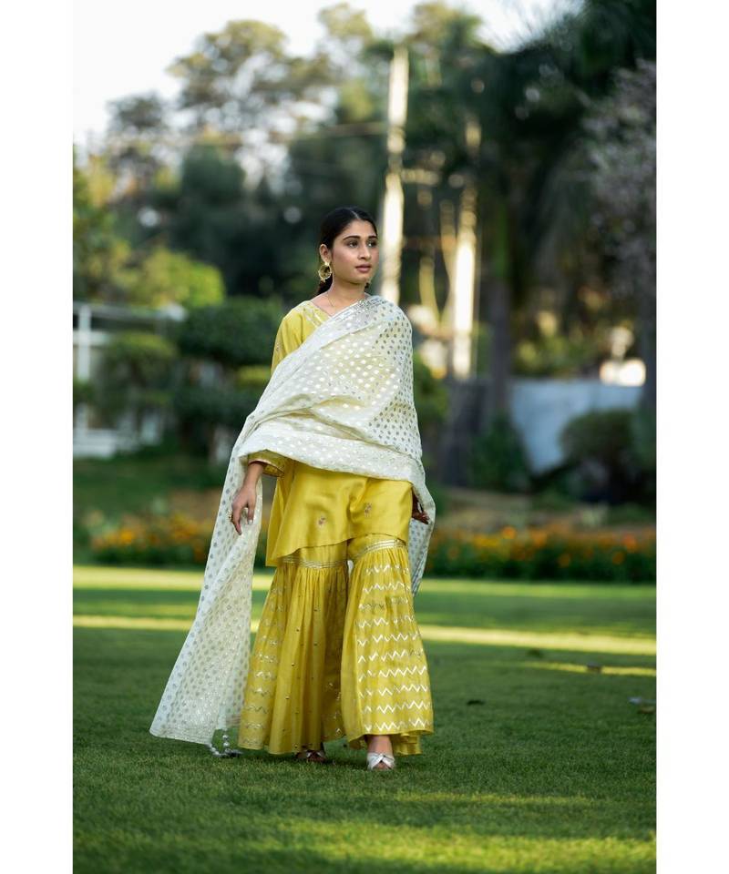 Yellow Chanderi Short Kurta with Garara Set