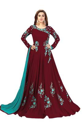 Ujjwal Creation Embroidery Party wear Faux Georgette Maroon Anarkali Gown   1