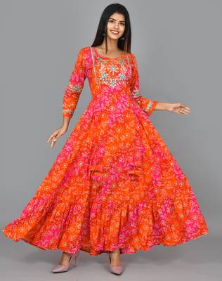 KAAJH Orange Jaipuri Bandhej Printed Anarkali Kurta 1