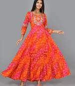 KAAJH Orange Jaipuri Bandhej Printed Anarkali Kurta