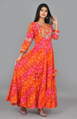 KAAJH Orange Jaipuri Bandhej Printed Anarkali Kurta 3